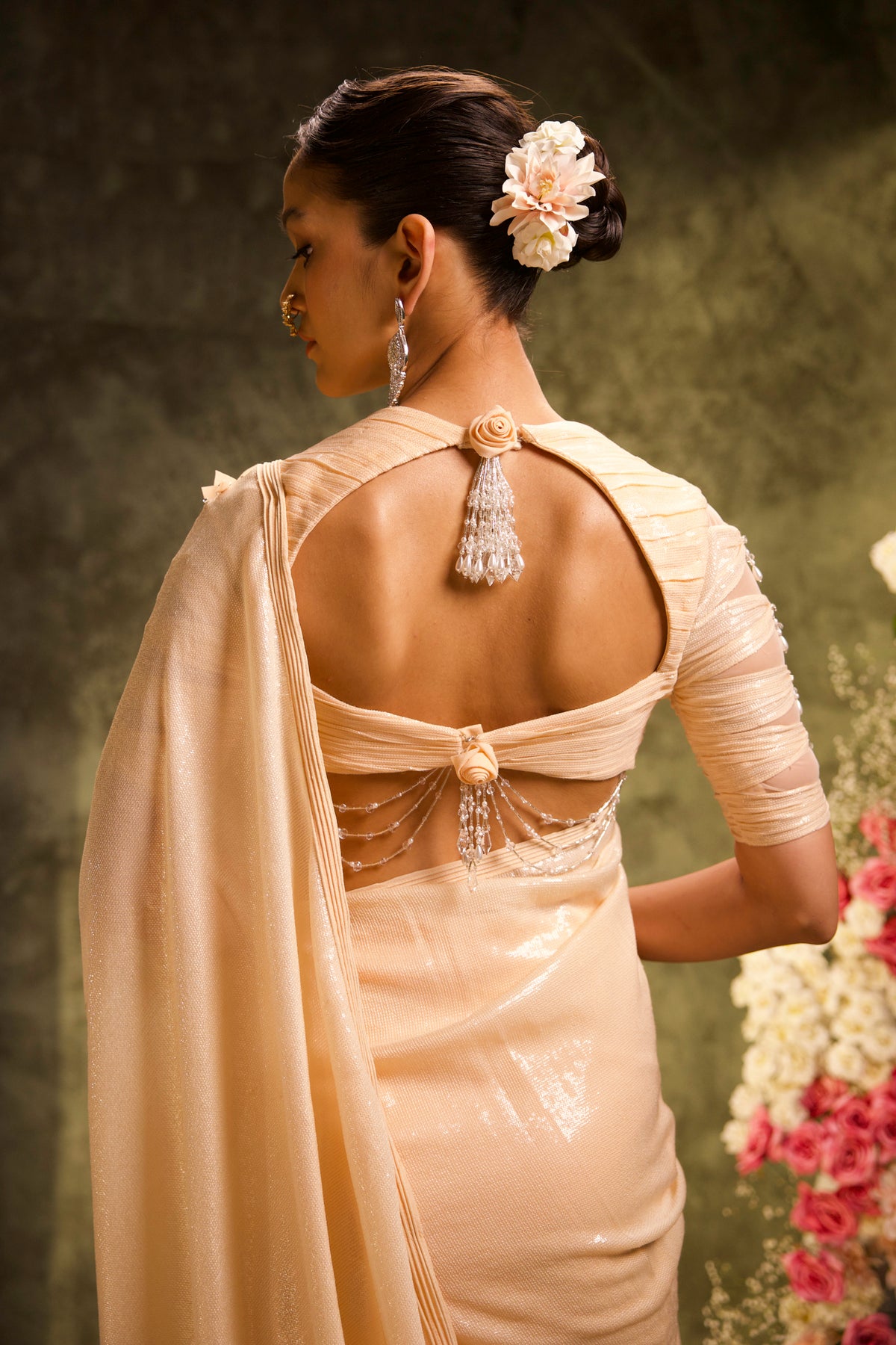 Peach Sequin Saree with Knot-Draped Tassel Blouse