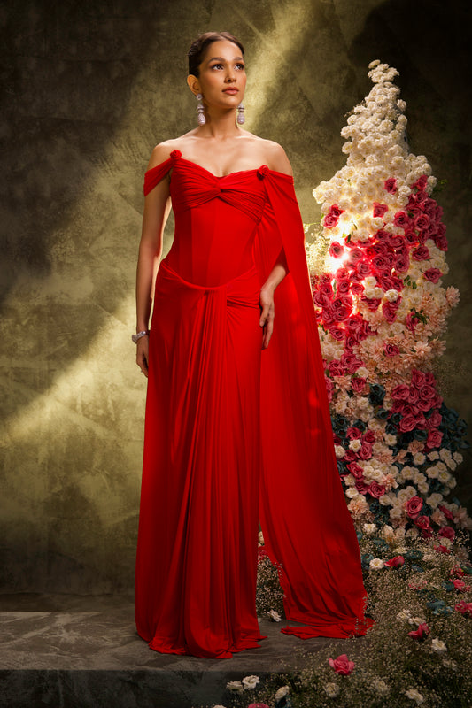 Crimson Corset Cape Sleeve Saree Set