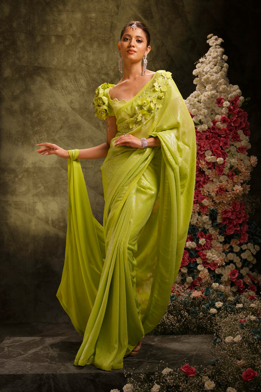 Lime Green Sequin Saree with Rose Puff-Sleeve Blouse