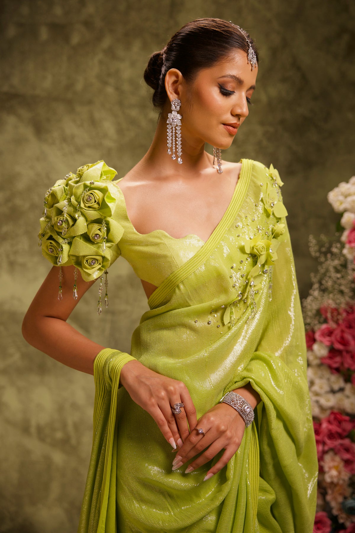 Lime Green Sequin Saree with Rose Puff-Sleeve Blouse