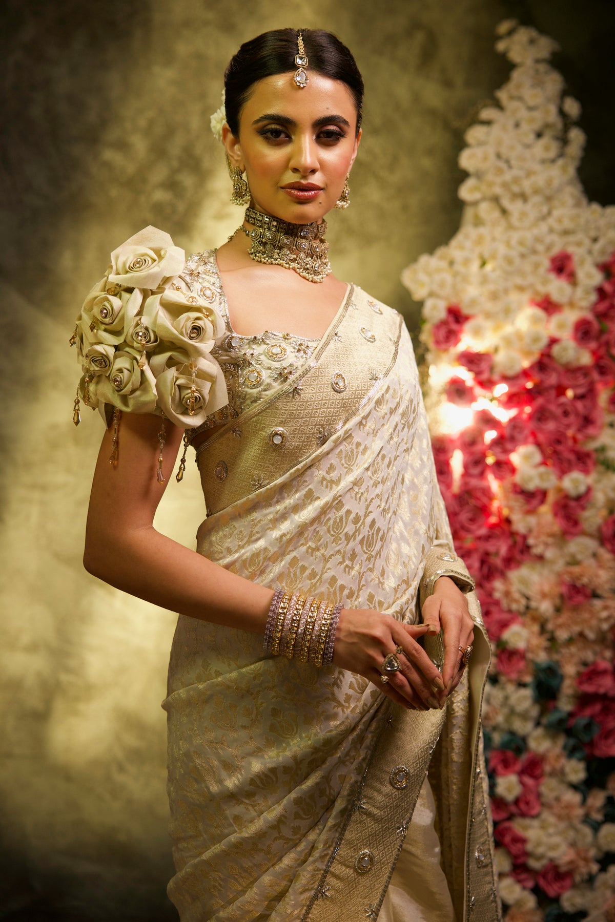 Champagne Rose Tissue Silk Embroidered Saree Lehenga