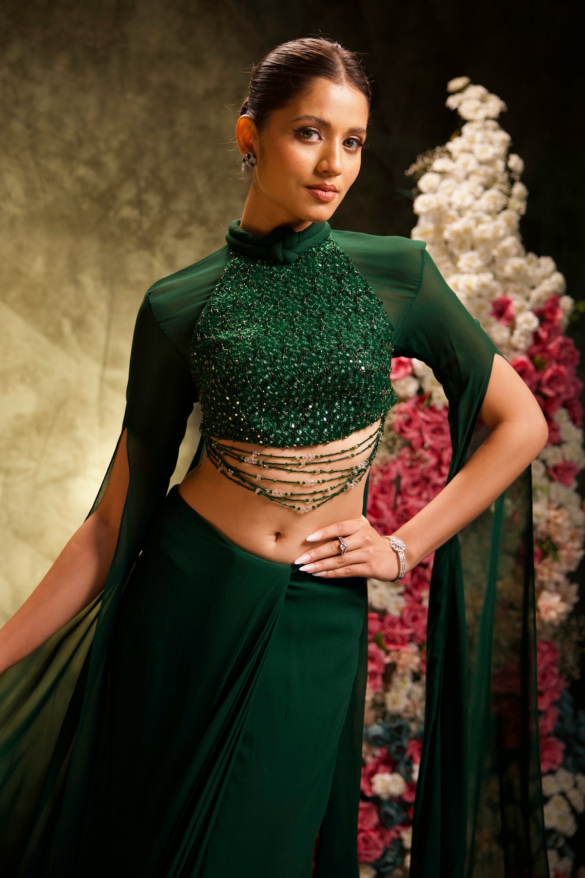 Emerald Green Mirrorwork Halter Cape Saree Set