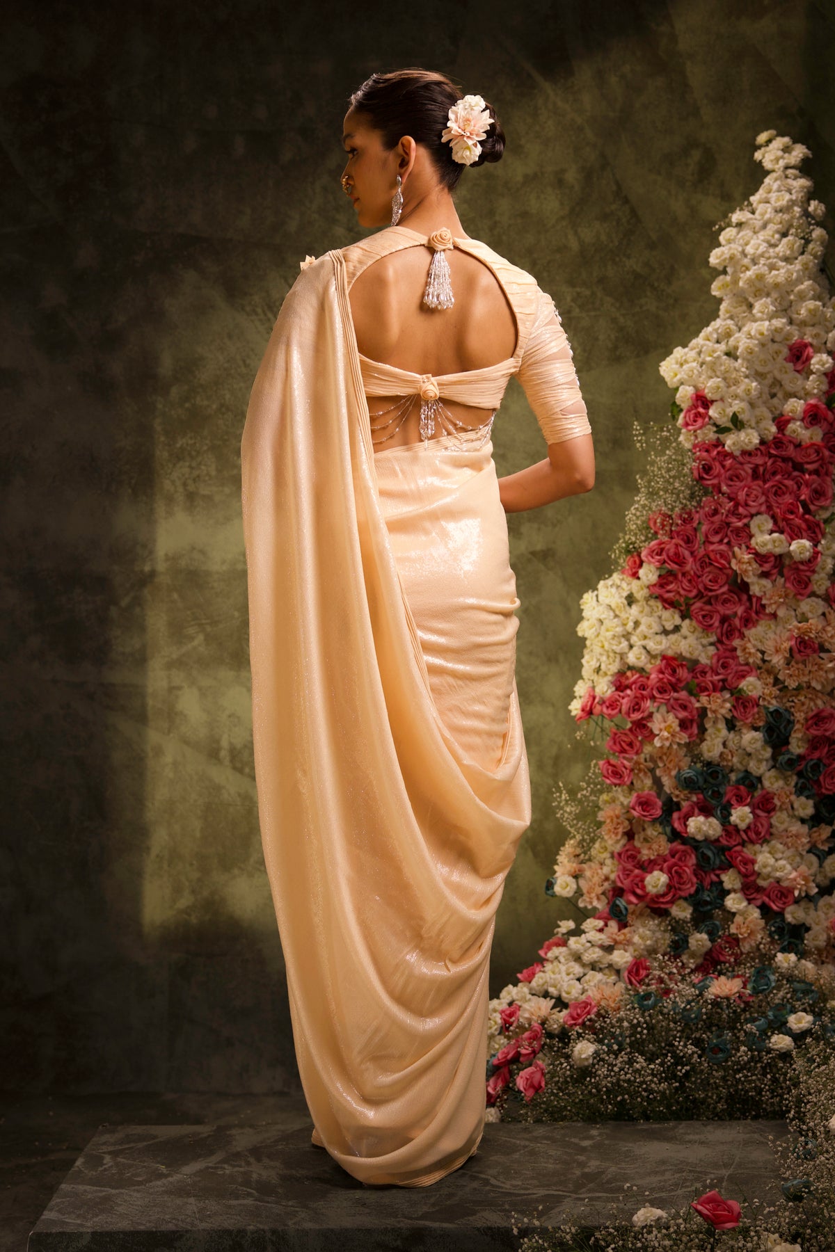 Peach Sequin Saree with Knot-Draped Tassel Blouse