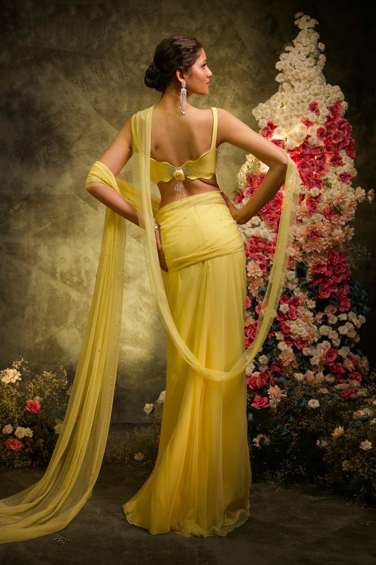 Butter Yellow Rhinestone Saree Set