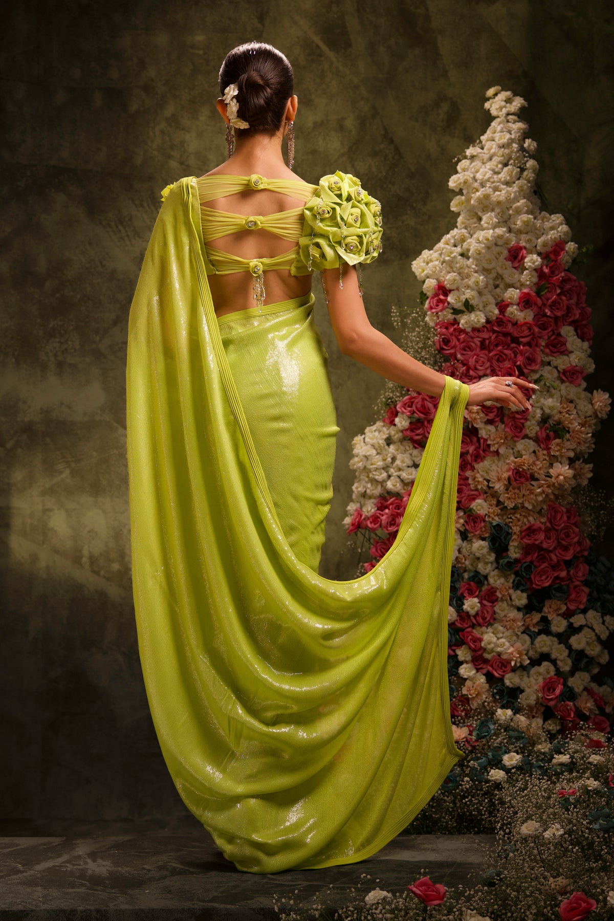 Lime Green Sequin Saree with Rose Puff-Sleeve Blouse