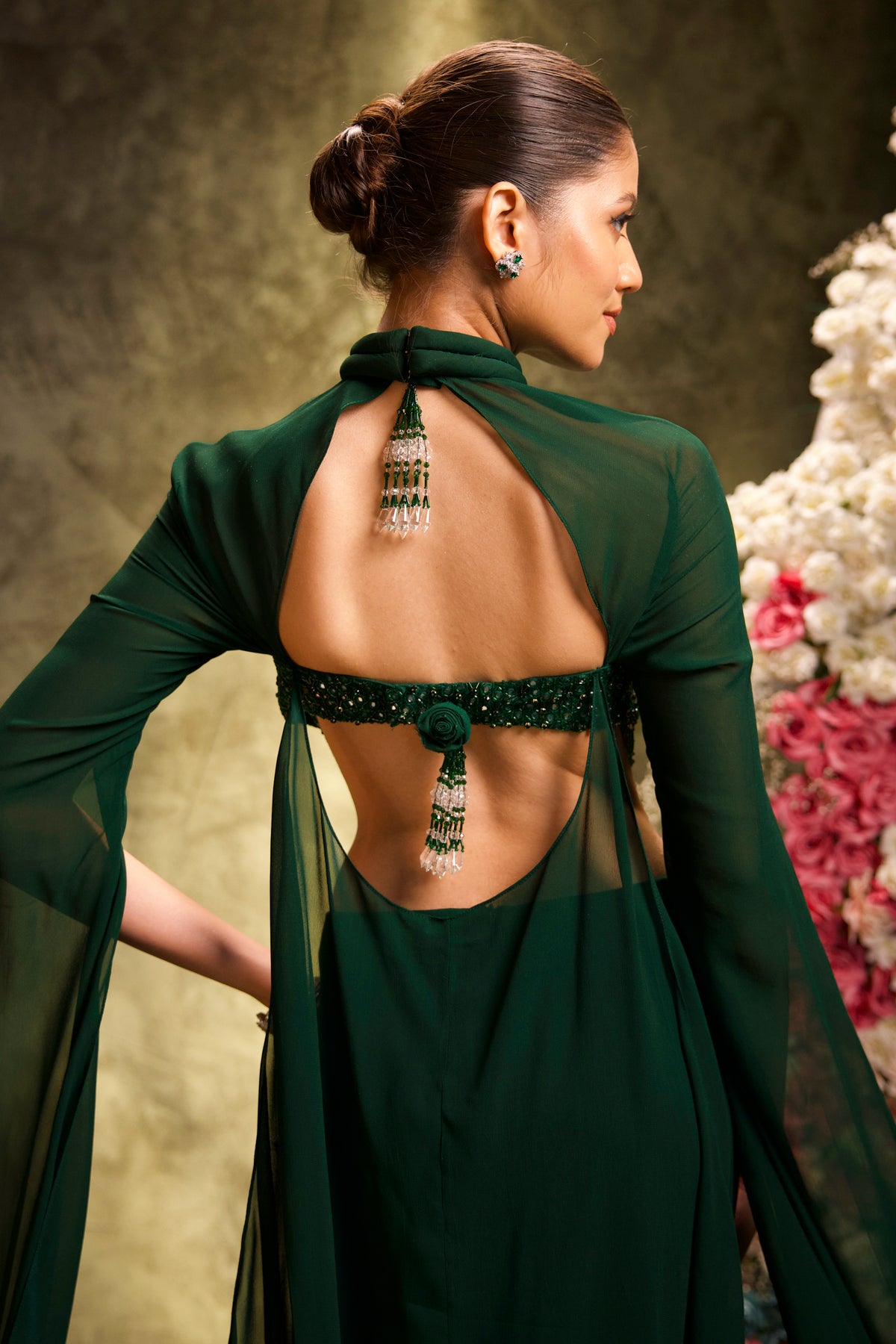 Emerald Green Mirrorwork Halter Cape Saree Set