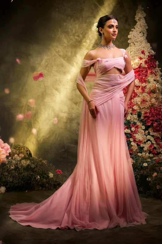 Baby Pink Tulle Lehenga Saree Set