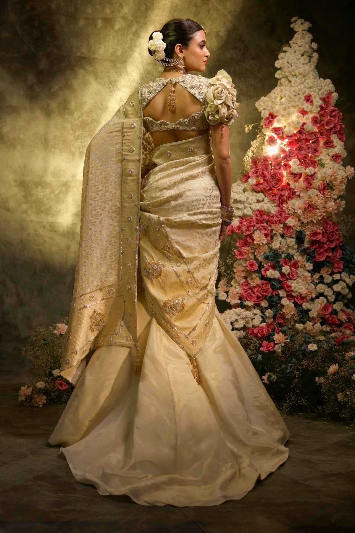 Champagne Rose Tissue Silk Embroidered Saree Lehenga